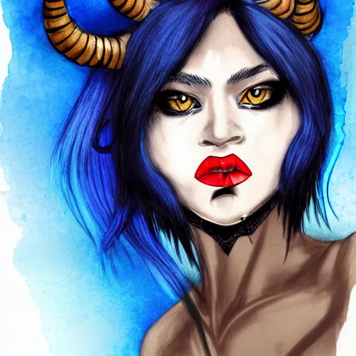 Image similar to illustrated portrait of ram-horned devil woman with blue bob hairstyle and hex #FFA500 colored skin tone and with solid black eyes wearing leather by rossdraws