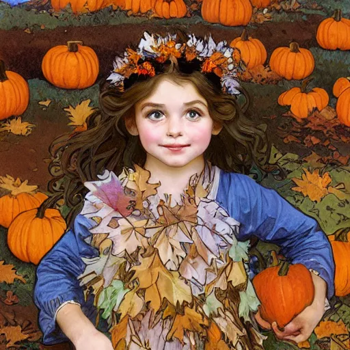 Image similar to a cute little girl with light brown wavy curly hair and blue eyes sitting amidst piles of pumpkins. beautiful cute highly detailed face. she is wearing a crown of autumn leaves. autumn and fall and halloween themed painting by alphonse mucha and artgerm and greg rutkowski.