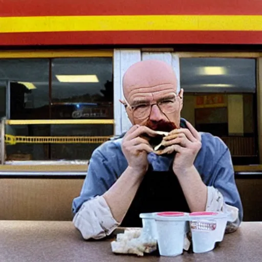 Image similar to walter white eating a cheeseburger in an abandoned mcdonalds