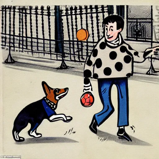 Image similar to book illustration of a french boy on the streets of paris playing football against a corgi, the dog is wearing a polka dot scarf, 1 9 6 6