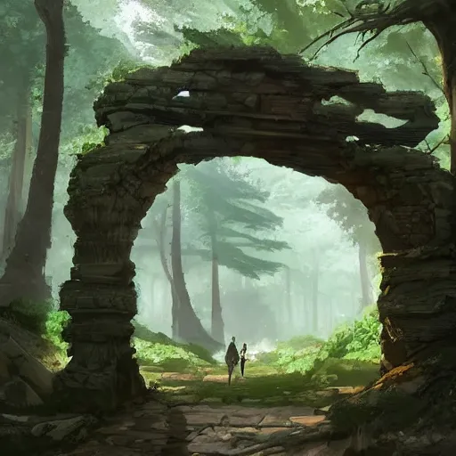 Image similar to concept art painting of an ornate ancient stone archway, in the woods, deep forest, realistic, detailed, cel shaded, in the style of makoto shinkai and greg rutkowski and james gurney