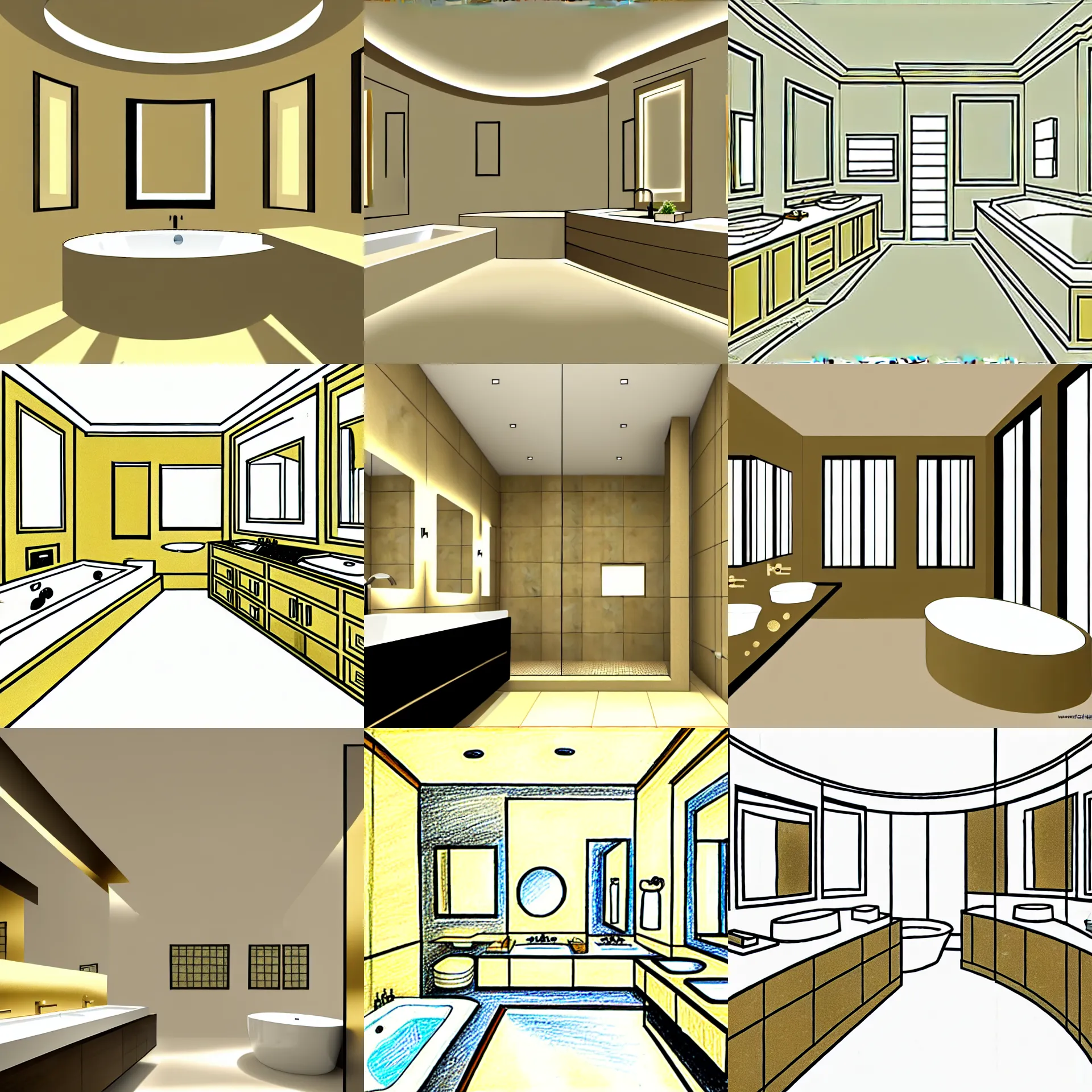 Prompt: detailed drawing of a modern master bathroom golden ratio, designer, architect