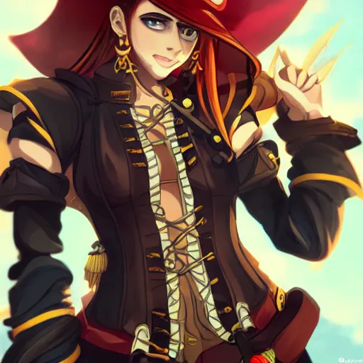 Image similar to advanced digital anime character art, female pirate captain with a yellow and a red eye , res brown hair wearing a corset and large pirate hat with feathers, RossDraws, WLOP, Sakimichan. —H 768