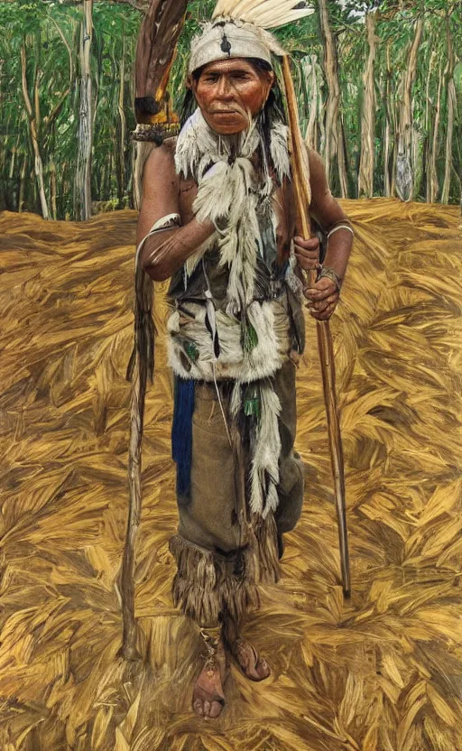 Image similar to full shot picture of indigenous people young man standing with a spear in the forest, painted by lucian freud, hd, super detailed, amazing, realistic lighting