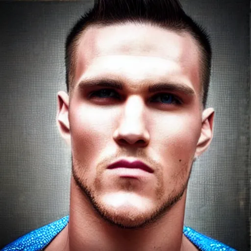 Prompt: “a realistic photo of a guy who is an attractive man who is half robot and half humanoid, who is a android, Mike Trout, shiny skin, blue eyes”