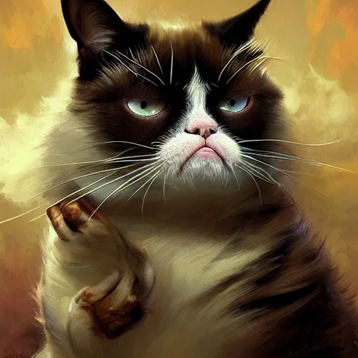 Image similar to Grumpy cat, world of warcraft, wow , intricate, elegant, highly detailed, digital painting, artstation, concept art, smooth, sharp focus, illustration, art by artgerm and greg rutkowski and alphonse mucha and francisco goya