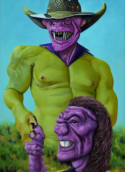 Image similar to oil painting portrait of a cowboy lizard person, a gorn from star trek, a snake oil salesman wearing a blonde wig in a movie poster for a movie called gorn on the bull horn girl, purple green color scheme