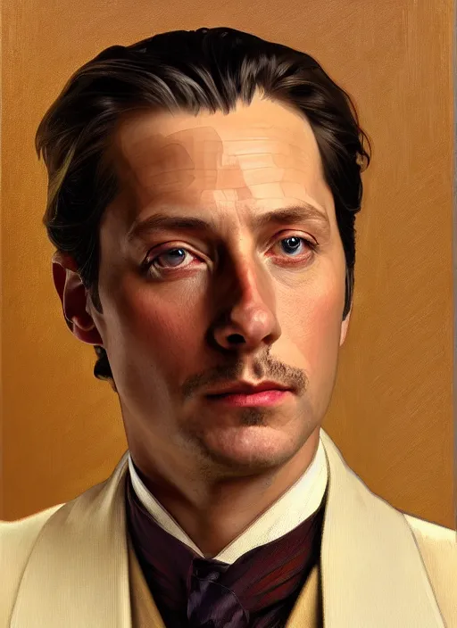 Prompt: oil portrait of miles edgeworth, intricate, elegant, highly detailed, lighting, painting, artstation, smooth, illustration, art by greg rutowski and alphonse mucha