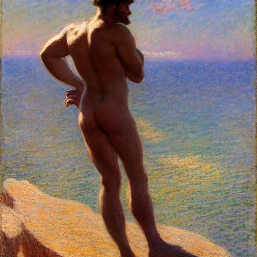 Image similar to an attractive male standing on a cliff, clothed!, looking out at the ocean, by gaston bussiere, craig mullins, j. c. leyendecker, claude monet