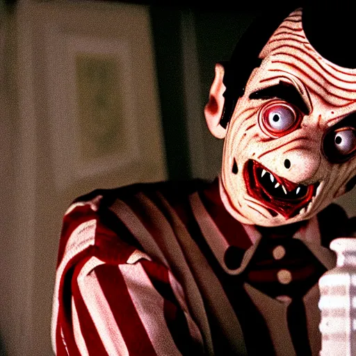 Image similar to mr. bean as freddie krueger. movie still. cinematic lighting.