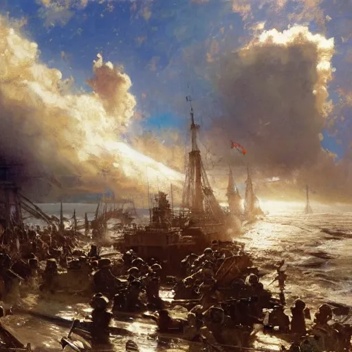 Image similar to detailed cinematic wide shot of swedish sea captain back view seeing his world war 2 battle ship attacking coastal city, ultra realistic, spring light, painting by gaston bussiere, craig mullins, j. c. leyendecker