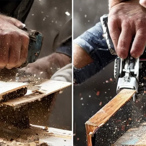 Image similar to man with chainsaw cutting a book in half, dust flying