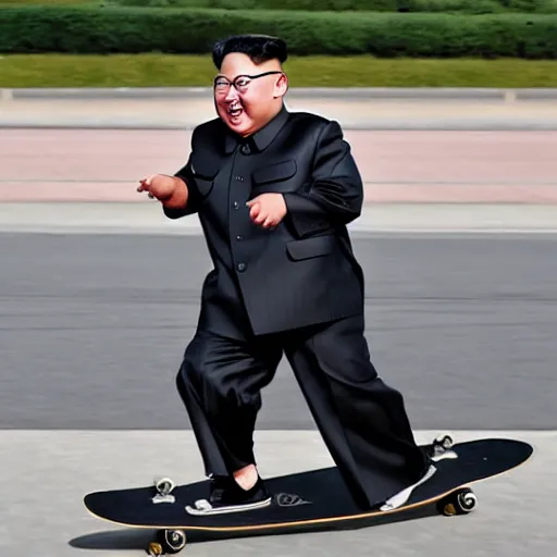 Image similar to Kim jong un riding a skateboard