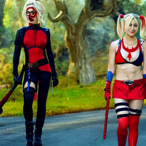 Image similar to A still of Kaley Cuoco as Harley Quinn, full-figure