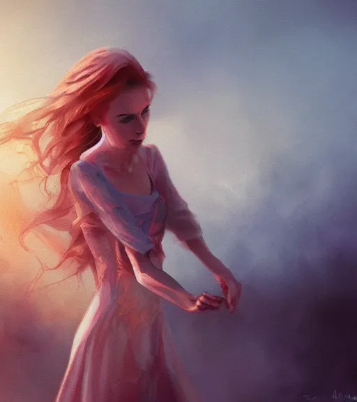 Image similar to Portrait of woman dancing, in the apocalyptic sunrise, countryside, dimly lit, wispy smoke, intricate, highly detailed, digital painting, artstation, concept art, sharp focus, illustration, art by manara