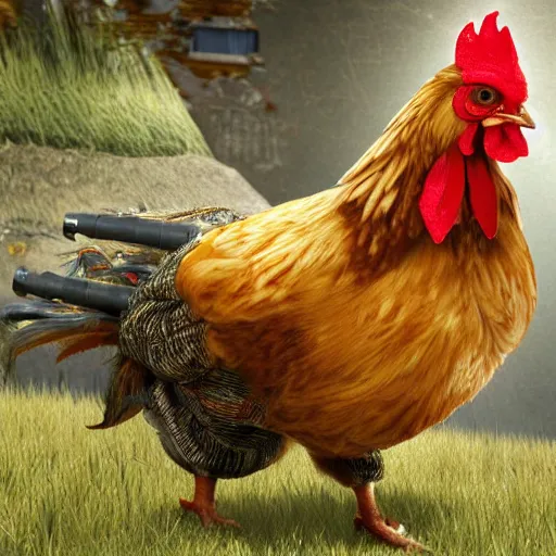 Prompt: chicken dress like rambi fire with a shotgun ultrarealistic