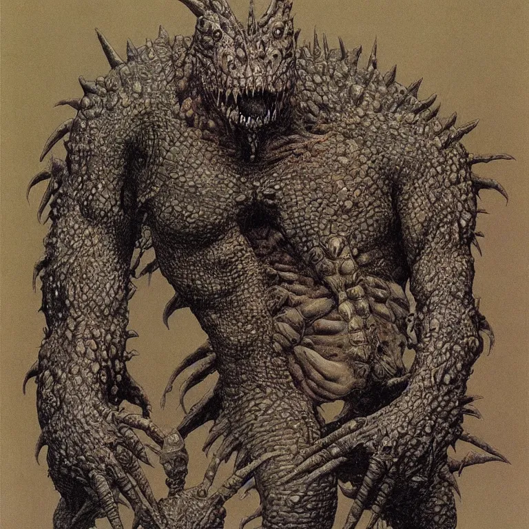 Prompt: a full body portrait of lizardman warrior concept, tribal, portrait by beksinski and moebius, background by moebius
