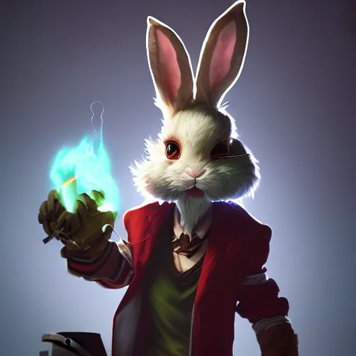 Image similar to Portrait of a rabbit as Heimerdinger from League of Legends, evil, anger, mystery, fear, highly detailed, ominous vibe, smoke, octane render, cgsociety, artstation, trending on ArtStation, by Marie Magny