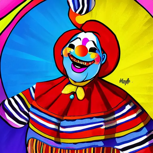 Image similar to A colorful happy joyful clown, crazy, digital art