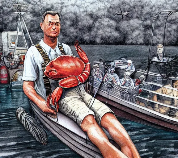 Image similar to Tom hanks as forrest gump sitting in a giant shrimp boat, majestic beautiful world, digital art, hyper detailed, artstation, in the style of maurice sendak