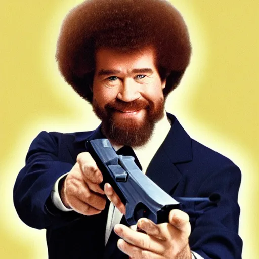 Image similar to Bob Ross holding a gun pointed at you