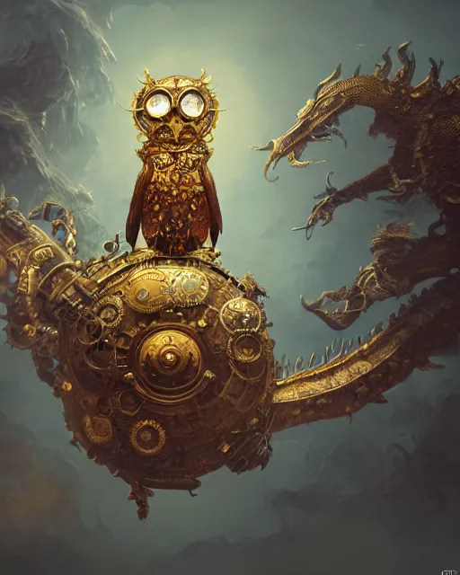 Image similar to oil painting of ornate intricate golden Steampunk owl Golem fighting chinese dragon, sharp focus, fantasy style, steampunk city background, octane render, volumetric lighting, 8k high definition, by greg rutkowski, highly detailed, trending on art Station