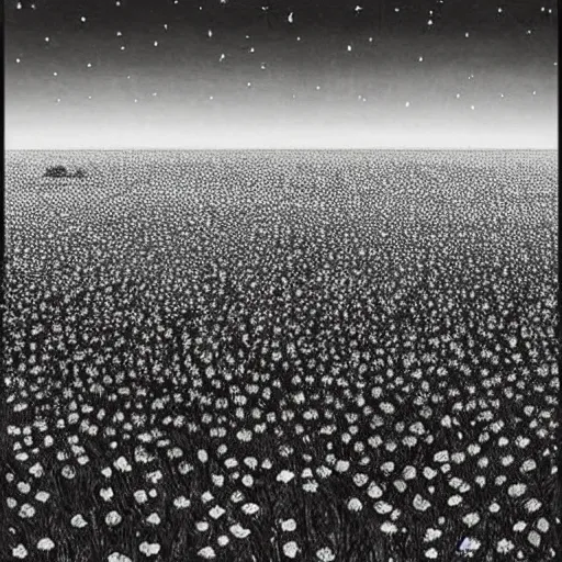 Image similar to A serene flower field at night by Kentaro Miura, highly detailed, black and white