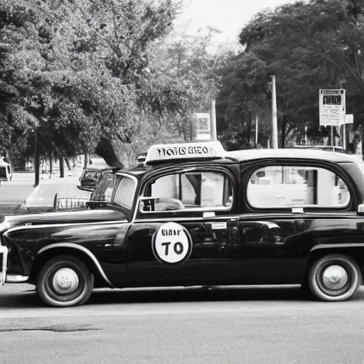 Prompt: black and white vintage photo of a taxi car driving at the park