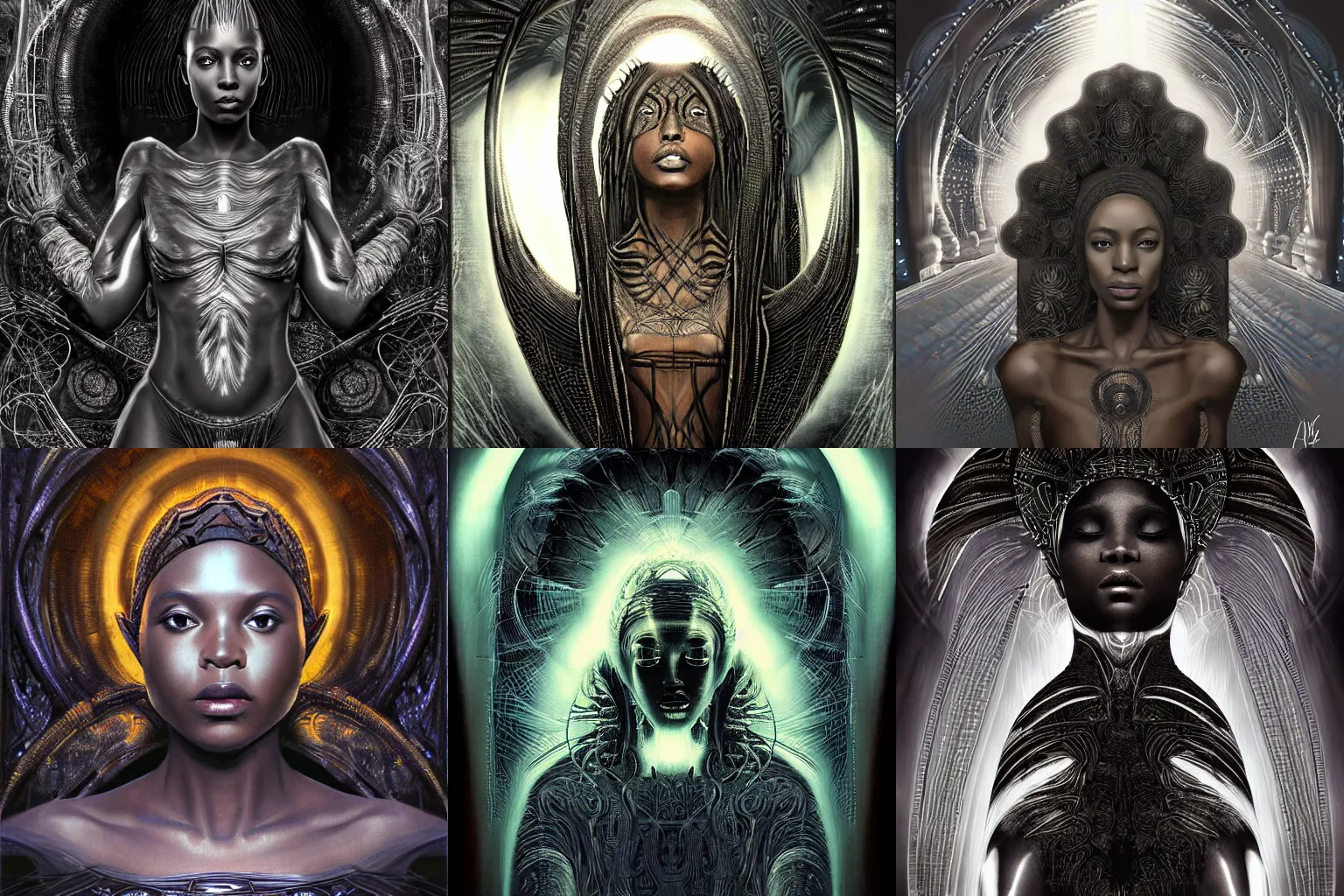 Prompt: digital art by h r giger, black african princess, warm volumetric lighting, cosmic, symmetric, highly detailed, elegant, concept art, enveloped by alien tendrils, heavenly, god rays, glowing aura, intricate, sharp focus, illustration, alexandros pyromallis, bouguereau, rutkowski, artgerm, alphonse mucha