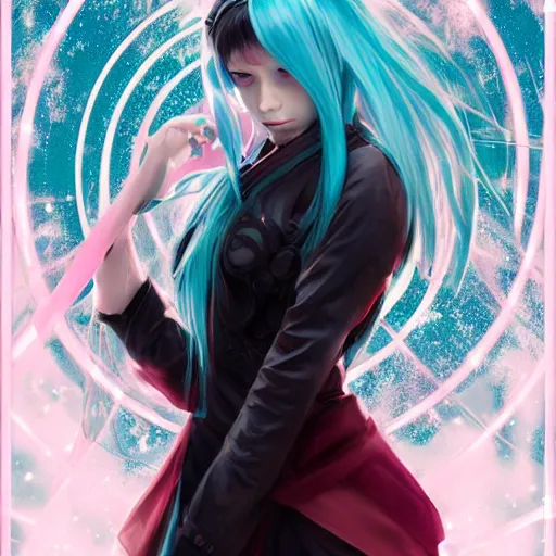 Image similar to a beautiful portrait of hatsune miku with teal colored hair with deep red highlights as a jedi, space fantasy, in the style of magic the gathering, intricate, elegant, highly detailed, digital painting, artstation, concept art, matte, sharp focus, illustration, art by greg rutkowski and alphonse mucha
