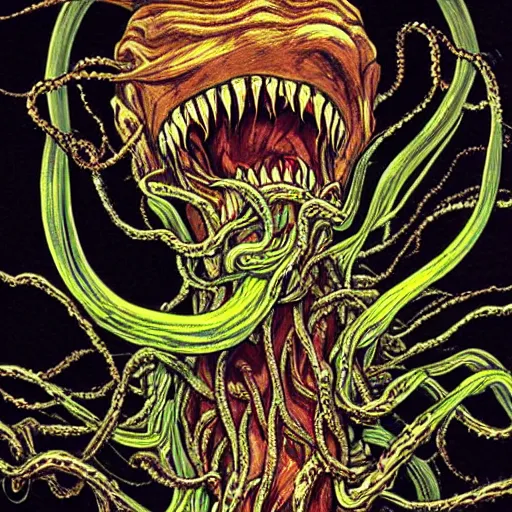 Image similar to a hyper detailed filmic wide shot 30mm color film photograph of a bundle of a dangerous gorey shape shifting alien creaturing spewing long worm-like spiney tendrils out of its snarling mouth, the tendrils are strangling and smothering a male 70-year-old doctor wearing a lab coat under dreary fluorescent lights, the walls are splattered with ketchup in the style of an HD horror film still from 1982