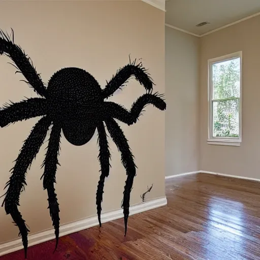 Prompt: a real estate home interior photo. there is a giant spider trying poorly to blend into the background.