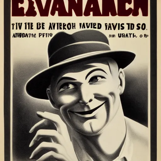 Image similar to Extremely pale human, flat preacher hat, unshaven, sly smile, evil aura, black and white poster art, cca 1930