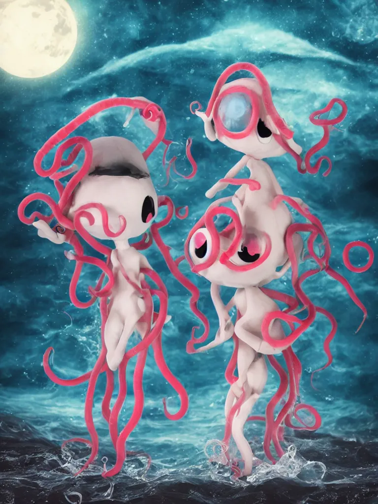 Image similar to cute fumo plush gothic octopus maiden alien girl combing her hair in the waves of the dark galactic abyss, ocean waves and reflective splashing water, ocean simulation, vignette, vray