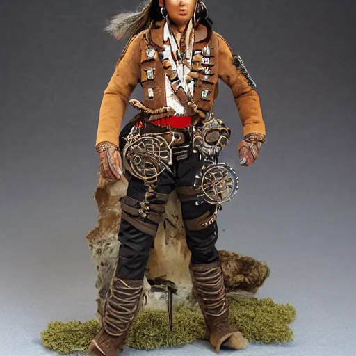 Prompt: young thin native American man, wearing cargo buckskin jacket buckskin tactical toolbelt pockets bandolier full of trinket and baubles, steampunk arcane shaman, deadlands, weird west