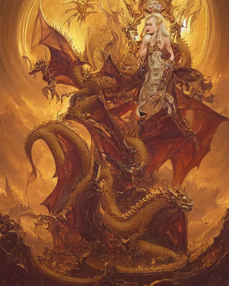 Prompt: the dragon queen sit in a golden ornate throne with diamonds and gems surrounding it, art by artgerm and greg rutkowski and magali villeneuve, d & d, fantasy, highly detailed, digital painting, trending on artstation, concept art, sharp focus, illustration