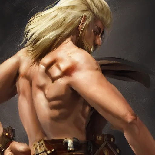 Image similar to rear side portrait of a muscular, ponytail haired blonde man with a steel left arm, wearing a brown leather coat, scar on the left side of the face, DnD, fantasy, digital art by Ruan Jia