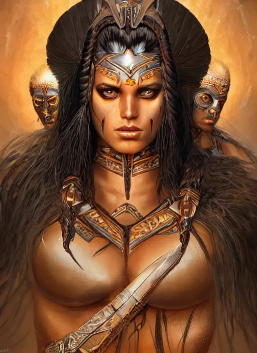 Image similar to a highly detailed symmetrical full body painting of a female amazon warrior with piercing beautiful eyes in dark tomb setting, dynamic lighting, ambient lighting, deviantart, art by artgerm and karol bak and mark brooks