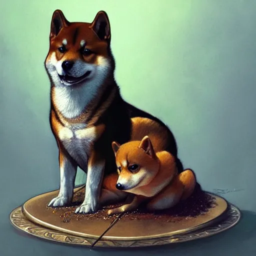 Image similar to portrait of a shiba inu as a birthday cake, fantasy, intricate, elegant, highly detailed, digital painting, artstation, concept art, smooth, sharp focus, illustration, art by artgerm and greg rutkowski and alphonse mucha