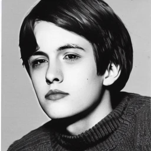 Prompt: a yearbook photo taken of Jughead Jones in 1966, his eyes are closed and he is wearing a turtleneck sweater with a letter of the alphabet on it