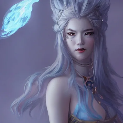 Prompt: Japanese ice demoness, D&D, highly detailed, digital painting, artstation, concept art, sharp focus, illustration, cinematic lighting, art by artgerm and greg rutkowski and alphonse mucha