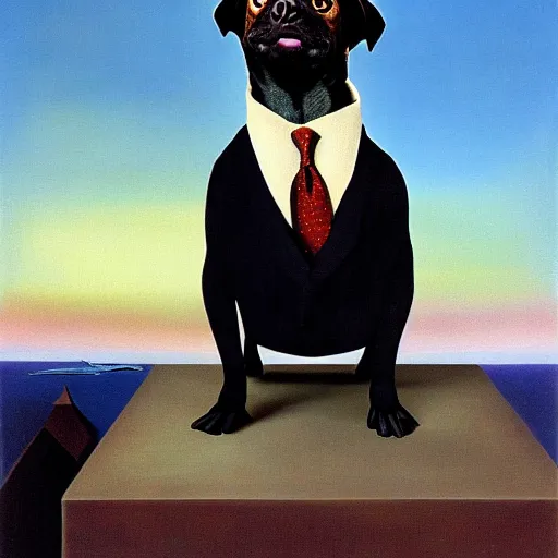 Image similar to a surrealist portrait of black pugalier dog wearing suit and tie, surreal background, by salvador dali