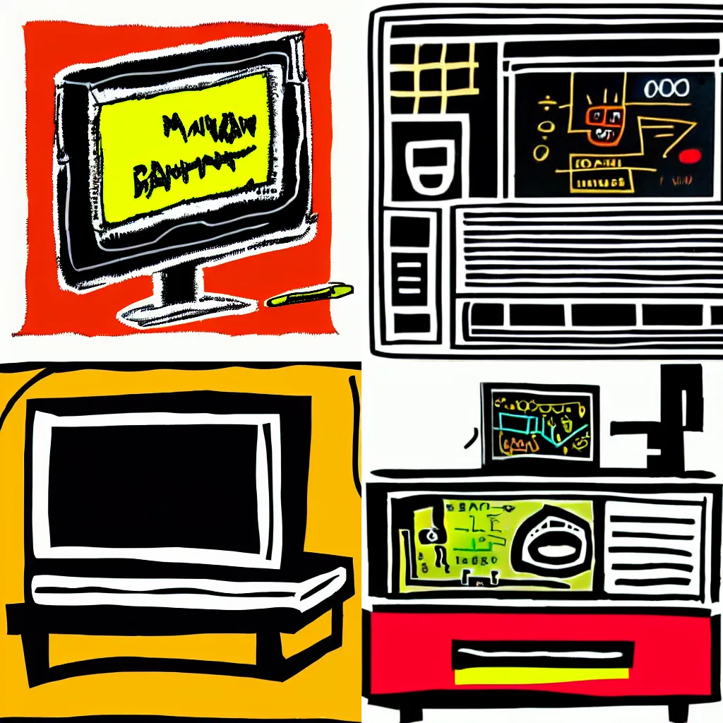 Prompt: a black pen and ink style boxy computer monitor from the 1 9 9 0 s turned diagonally, side view, clipart icon, jean michel basquiat, minimal