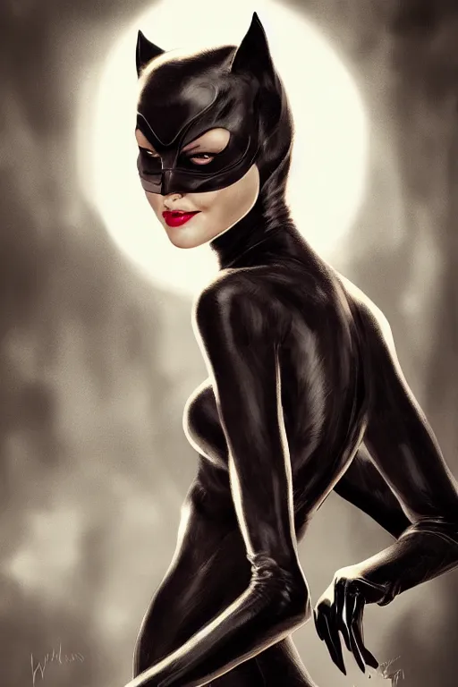 Image similar to beautiful aesthetic portrait of Catwoman from Batman returns crawling toward viewer by wlop and Julia Razumova, headshot, deviantArt, trending on artstation, artstation HQ