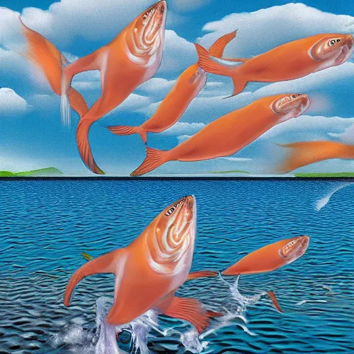 Image similar to salmon jumping out of the water on a sunny day in surrealism style