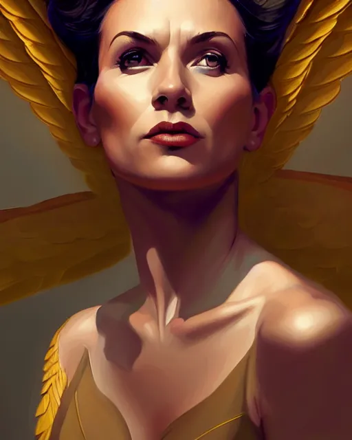 Image similar to 3 / 4 longshot of portrait of a beautiful powerful woman with wings, digital painting, artstation, concept art, smooth, sharp focus, illustration, disney tyle, symmetry face, fine details. art by alex ross, brittney lee