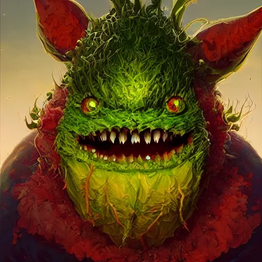 Prompt: horrific realistic cabbage monster with fangs and a forked tongue, by stephen bliss, unreal engine, rhads very big, vibrant colors, red glowing eyes, concept art, detailed