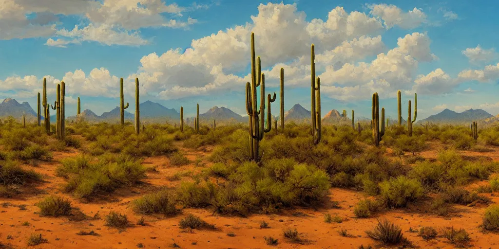 Image similar to a beautiful happy oil painting of the sonoran desert, green with lots of mesquite trees and bushes, beautiful cloudy deep blue sky, and earthy browns on ground, four creosote bushes, drawn by quentin mabille, geoffroy thoorens, trending on artstation