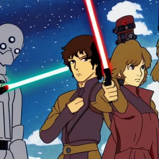 Prompt: star wars anime from the 1980s by Cowboy Bebop and Studio Ghibli