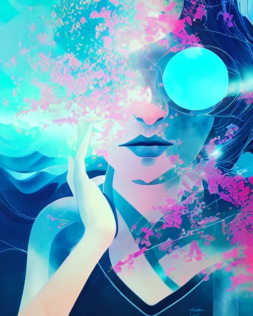 Prompt: shattering geometric acrylic smoke portrait, underwater bubbly double exposure goddess floral sakura storm, warm painting by leiji matsumoto and alena aenami